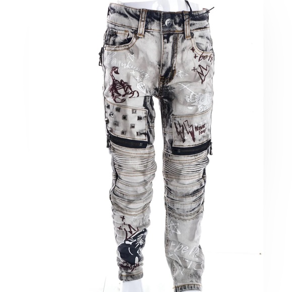 BOYS’ 8IGHTH DSTRKT GREY GRAFFITI BIKER JEANS - Picture 1 of 5